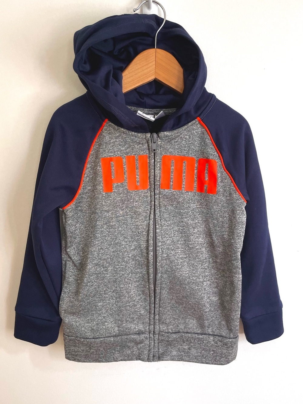 $10 💥Like New Puma Logo Hooded Zip-Up Track Jacket, Orange & Navy, Long Sleeve